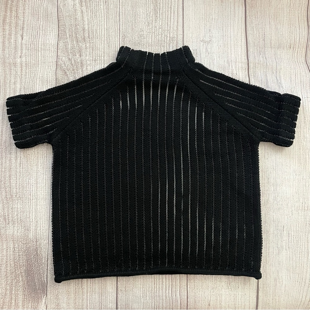 BEBE Women’s Black Pullover Short Sleeve Sweater Mesh Metal Semi Sheer Size XS